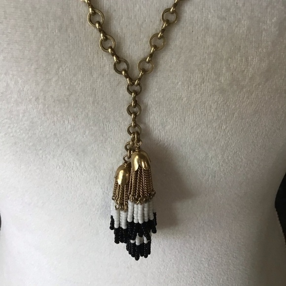 J.Crew Tassel Necklace Gold Tone Chain Black White Seed Bead Fringe Boho Chic - Picture 13 of 14